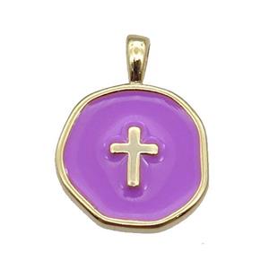 copper Circle pendant with purple enamel, cross, gold plated, approx 14mm
