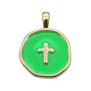 copper Circle pendant with green enamel, cross, gold plated, approx 14mm