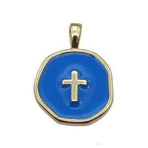 copper Circle pendant with blue enamel, cross, gold plated, approx 14mm