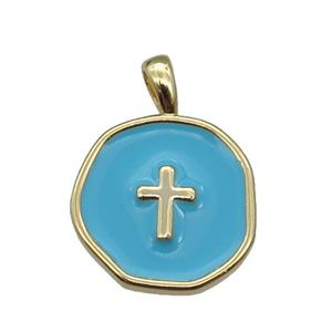 copper Circle pendant with teal enamel, cross, gold plated, approx 14mm
