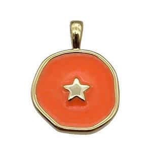 copper Circle pendant with orange enamel, star, gold plated, approx 14mm