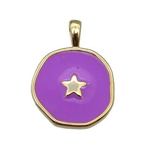 copper Circle pendant with purple enamel, star, gold plated, approx 14mm