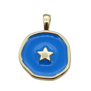 copper Circle pendant with blue enamel, star, gold plated, approx 14mm
