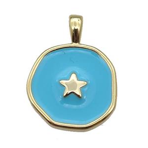 copper Circle pendant with teal enamel, star, gold plated, approx 14mm