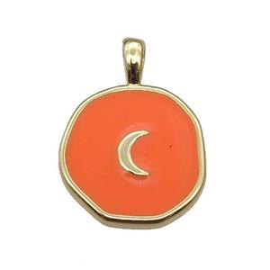 copper Circle pendant with orange enamel, moon, gold plated, approx 14mm