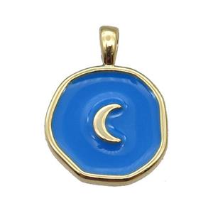 copper Circle pendant with blue enamel, moon, gold plated, approx 14mm