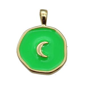 copper Circle pendant with green enamel, moon, gold plated, approx 14mm
