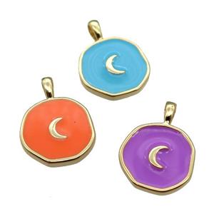 copper Circle pendant with enamel, moon, gold plated, mixed, approx 14mm