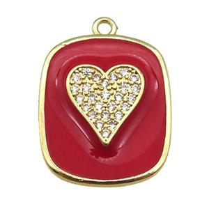 copper Rectangle paved zircon with red enamel, heart, gold plated, approx 17-20mm