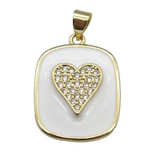 copper Rectangle paved zircon with white enamel, heart, gold plated, approx 17-20mm