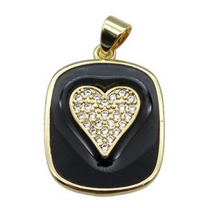copper Rectangle paved zircon with black enamel, heart, gold plated, approx 17-20mm