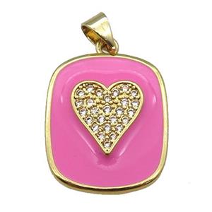 copper Rectangle paved zircon with pink enamel, heart, gold plated, approx 17-20mm