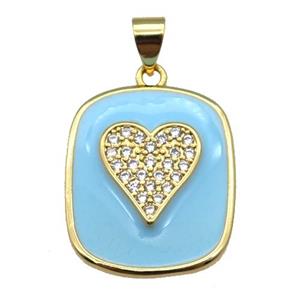 copper Rectangle paved zircon with lt.blue enamel, heart, gold plated, approx 17-20mm