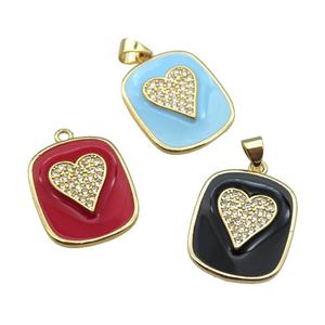 copper Rectangle paved zircon with enamel, heart, gold plated, mixed, approx 17-20mm