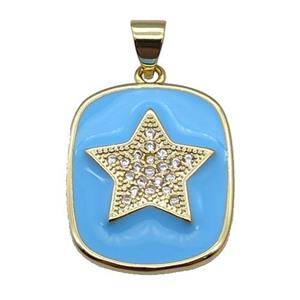 copper Rectangle paved zircon with blue enamel, star, gold plated, approx 17-20mm