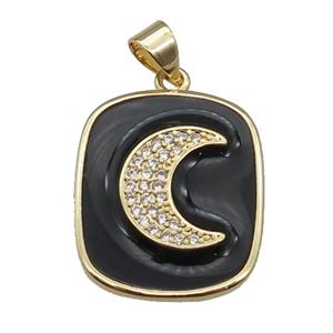 copper Rectangle paved zircon with black enamel, moon, gold plated, approx 17-20mm