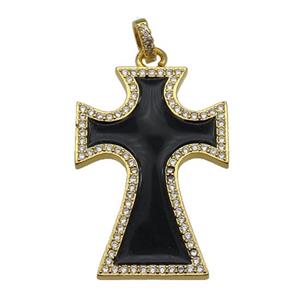 copper Cross pendant paved zircon with black enamel, gold plated, approx 22-33mm