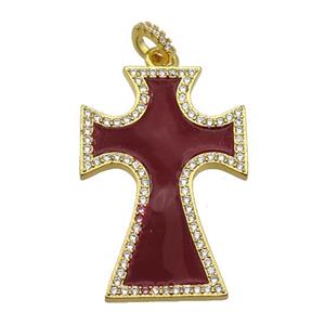 copper Cross pendant paved zircon with red enamel, gold plated, approx 22-33mm