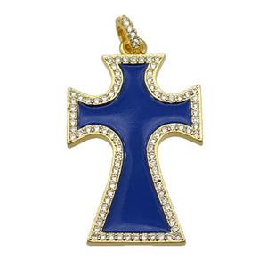copper Cross pendant paved zircon with blue enamel, gold plated, approx 22-33mm