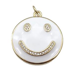 copper Emoji pendant paved zircon with white enamel, happiness face, gold plated, approx 25mm dia