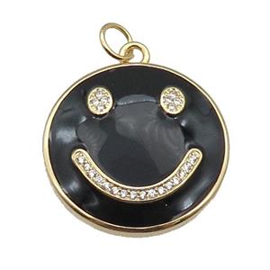 copper Emoji pendant paved zircon with black enamel, happiness face, gold plated, approx 25mm dia