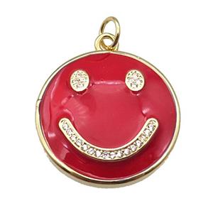 copper Emoji pendant paved zircon with red enamel, happiness face, gold plated, approx 25mm dia