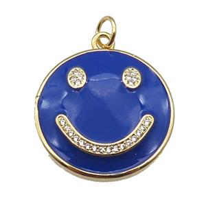 copper Emoji pendant paved zircon with blue enamel, happiness face, gold plated, approx 25mm dia