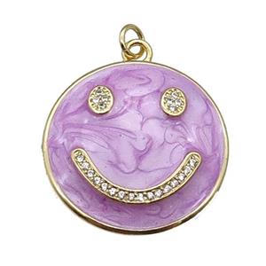 copper Emoji pendant paved zircon with lavender enamel, happiness face, gold plated, approx 25mm dia