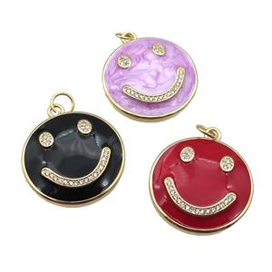 copper Emoji pendant paved zircon with enamel, happiness face, gold plated, mixed, approx 25mm dia