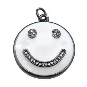 copper Emoji pendant paved zircon with white enamel, happiness face, black plated, approx 25mm dia