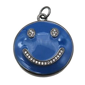 copper Emoji pendant paved zircon with royalblue enamel, happiness face, black plated, approx 25mm dia