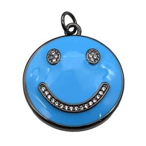 copper Emoji pendant paved zircon with blue enamel, happiness face, black plated, approx 25mm dia