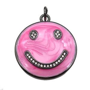 copper Emoji pendant paved zircon with pink enamel, happiness face, black plated, approx 25mm dia