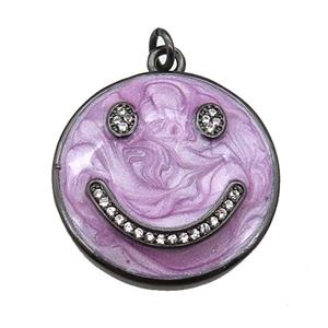 copper Emoji pendant paved zircon with lavender enamel, happiness face, black plated, approx 25mm dia