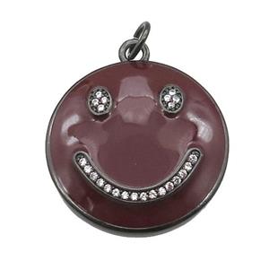 copper Emoji pendant paved zircon with darkred enamel, happiness face, black plated, approx 25mm dia