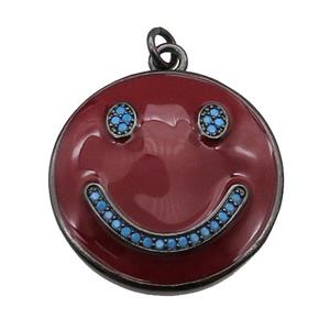 copper Emoji pendant paved zircon with red enamel, happiness face, black plated, approx 25mm dia