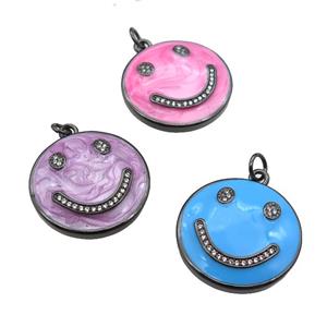 copper Emoji pendant paved zircon with enamel, happiness face, black plated, mixed, approx 25mm dia
