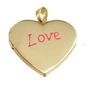 copper Heart Locket pendant with pink enamel, LOVE, gold plated, approx 30mm