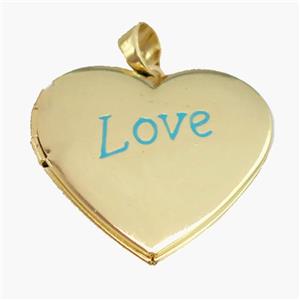 copper Heart Locket pendant with blue enamel, LOVE, gold plated, approx 30mm