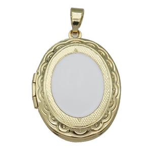 copper Oval Locket pendant with white enamel, gold plated, approx 23-30mm