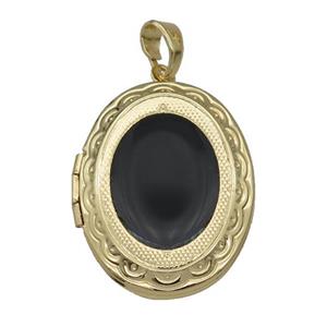 copper Oval Locket pendant with black enamel, gold plated, approx 23-30mm
