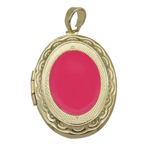 copper Oval Locket pendant with red enamel, gold plated, approx 23-30mm