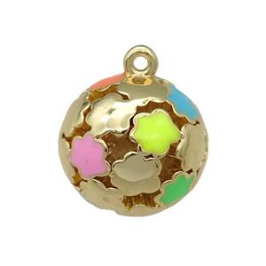 copper Ball sphere pendant with enamel flower, hollow, gold plated, approx 13mm dia