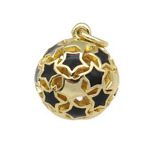 copper Ball pendant with black enamel star, hollow, gold plated, approx 13mm dia