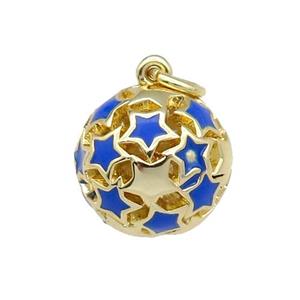 copper Ball pendant with blue enamel star, hollow, gold plated, approx 13mm dia