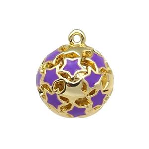 copper Ball pendant with purple enamel star, hollow, gold plated, approx 13mm dia