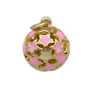 copper Ball pendant with pink enamel star, hollow, gold plated, approx 13mm dia