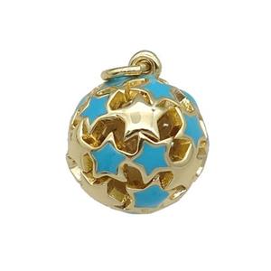 copper Ball pendant with teal enamel star, hollow, gold plated, approx 13mm dia