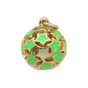 copper Ball pendant with green enamel star, hollow, gold plated, approx 13mm dia