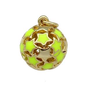 copper Ball pendant with yellow enamel star, hollow, gold plated, approx 13mm dia